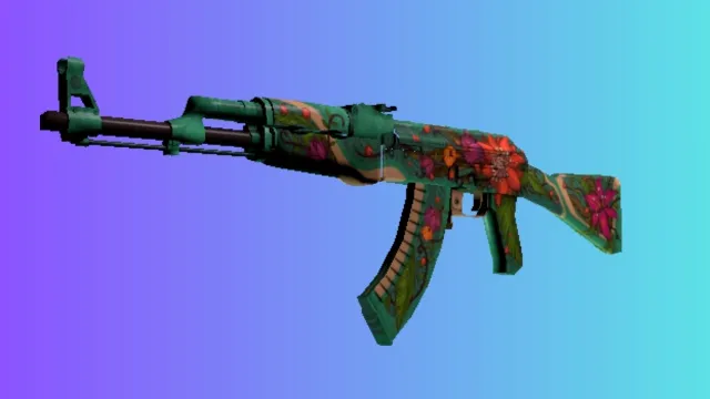 Uma AK-47 com a skin ‘Serpente de Fogo’, apresentando um design vibrante com tons verdes e motivos florais vermelhos, sobre um fundo gradiente azul e roxo.