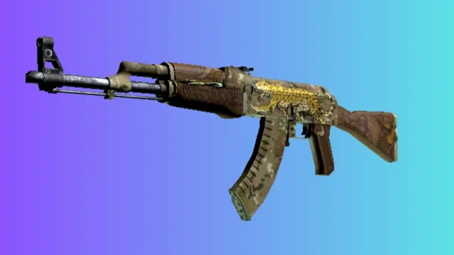 Uma AK-47 com a pele ‘Pantera Onca’, com estampa inspirada na pelagem da onça, sobre fundo gradiente azul e roxo.