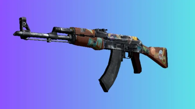 Um AK-47 com a skin 'Jet Set', adornado com vários adesivos de viagem e um mapa-múndi, contra um fundo gradiente azul e roxo.