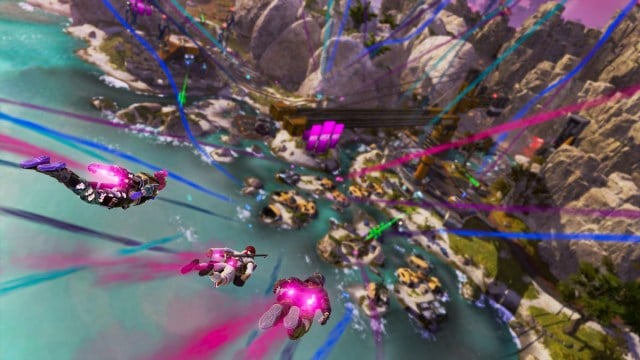 Um esquadrão de Lendas aparece com trilhas coloridas em direção a uma ilha em Apex Legends.