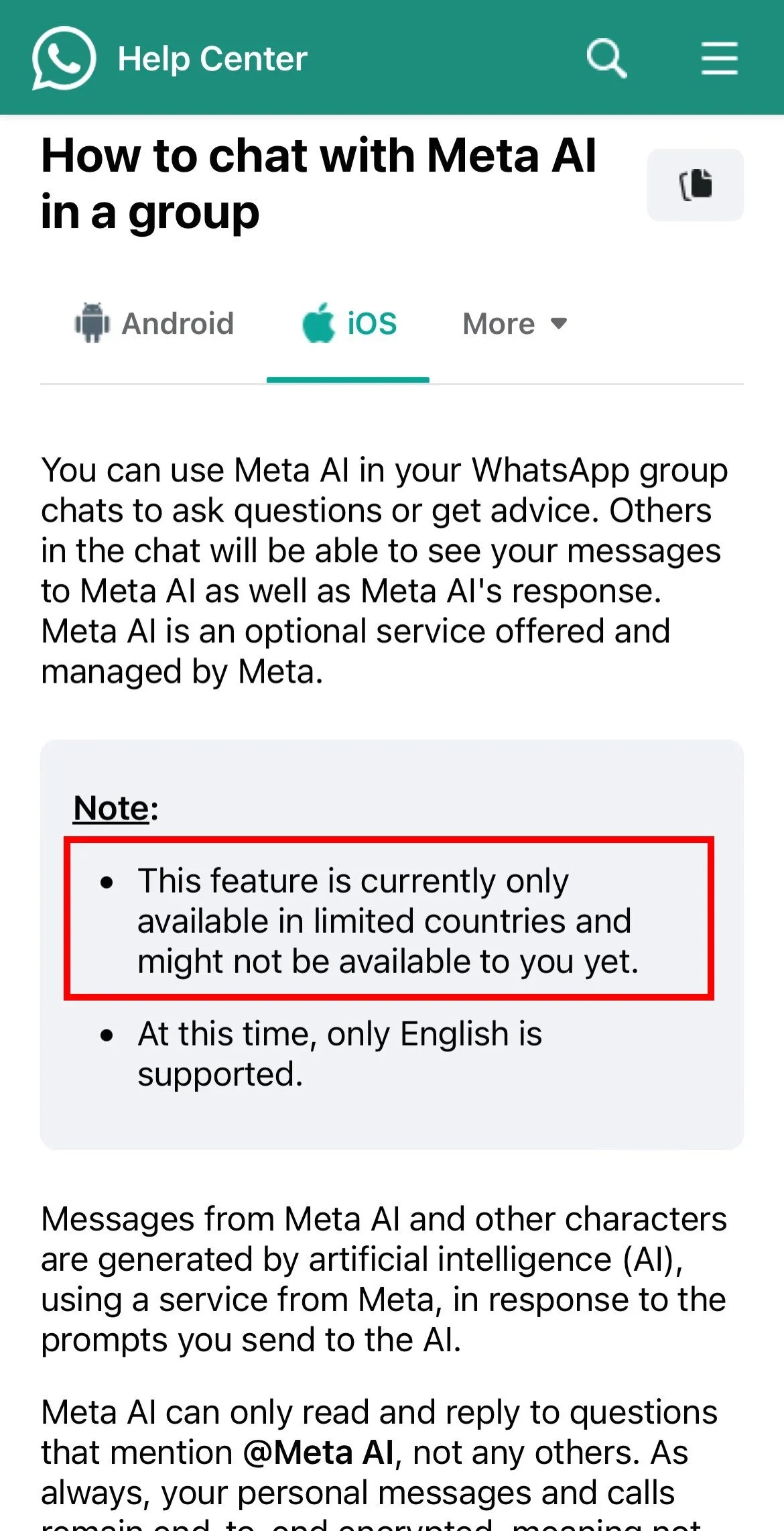 Meta AI não mostra WhatsApp